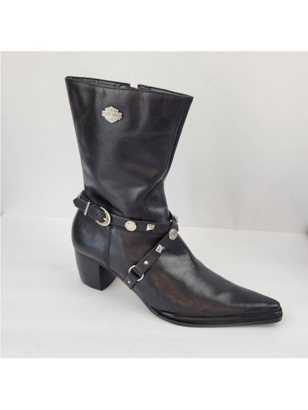 Harley-Davidson Black Leather Studded Harness Ankle Boots, Size 8